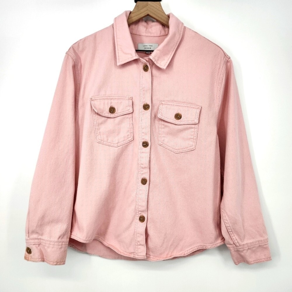 Love Tree Denim Womens Shacket Top Size L Pink Jean Button Front Casual Layering